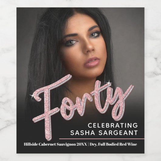 40e geboortedag, fotoscript glitter roze wijn etiket (Enkel label)