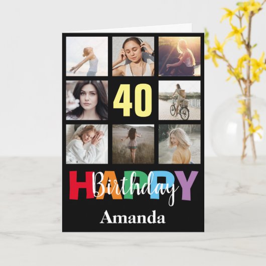 40e Gelukkige Verjaardag Fotocollage Modern Zwart Kaart (Gele Bloem)