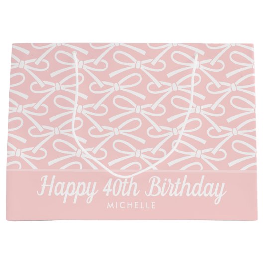 40e Gelukkige Verjaardag Roze Bow Witte Gift Bag Groot Cadeauzakje (Voorkant)