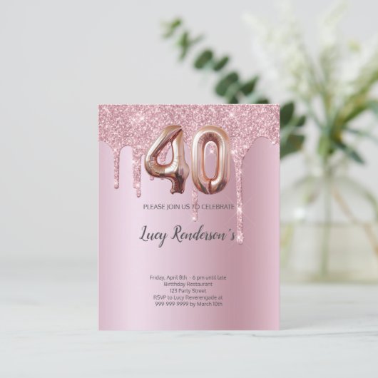 40e glitter gouden rozen ballon Verjaardagskaart (Staand voorkant)