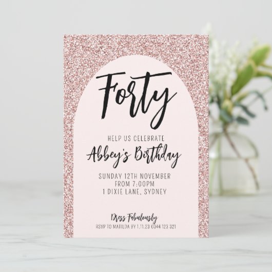 40e Glitter Roos Gouden Boog Verjaardag Uitnodigen Kaart (Staand voorkant)