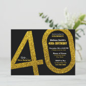 40e Gold Glitter Birthday Invitation Kaart (Staand voorkant)
