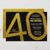 40e Gold Glitter Birthday Invitation Kaart (Voorkant / Achterkant)