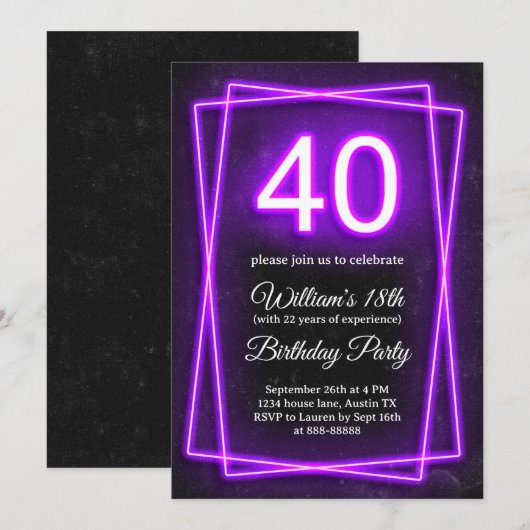 40e Grappige Veertig Neon Lichten Retro Zwart Verj Kaart (Voorkant / Achterkant)