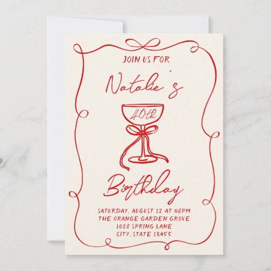 40e Hand Getrokken Rode Boog Champagne Glas Verjaa Kaart (Voorkant)