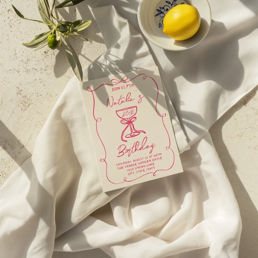 40e Hand Getrokken Roze Bow Champagne Glas Verjaar Kaart