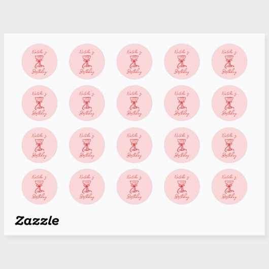 40e Hand Getrokken Roze Bow Champagne Glas Verjaar Ronde Sticker (Vel)