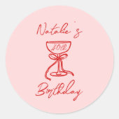 40e Hand Getrokken Roze Bow Champagne Glas Verjaar Ronde Sticker (Voorkant)
