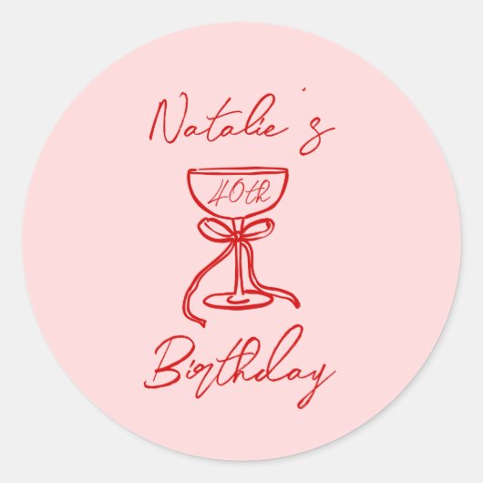 40e Hand Getrokken Roze Bow Champagne Glas Verjaar Ronde Sticker (Voorkant)