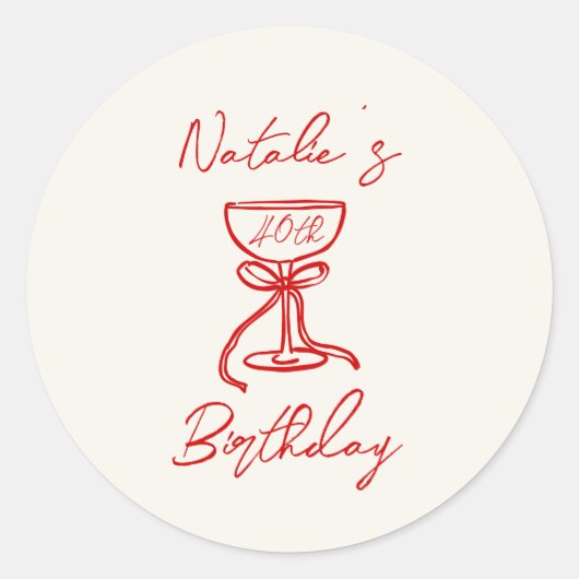 40e Hand Getrokken Roze Bow Champagne Glas Verjaar Ronde Sticker (Voorkant)