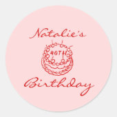 40e Hand Getrokken Roze Taart Glas Verjaardagsfees Ronde Sticker (Voorkant)