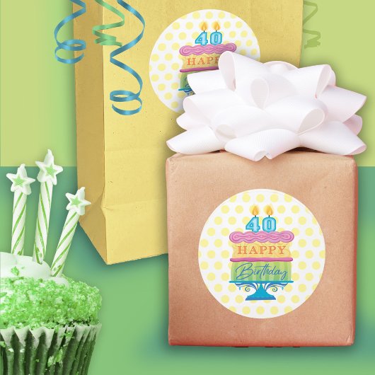 40e Happy Birthday Cake Yellow Stippen Ronde Sticker
