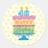 40e Happy Birthday Cake Yellow Stippen Ronde Sticker (Voorkant)