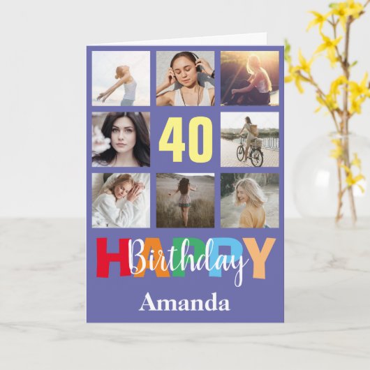 40e Happy Birthday Foto Collage Modern Kaart (Gele Bloem)