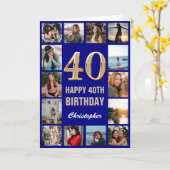 40e Happy Birthday Navy Blue & Gold Photo Collage Kaart (Gele Bloem)