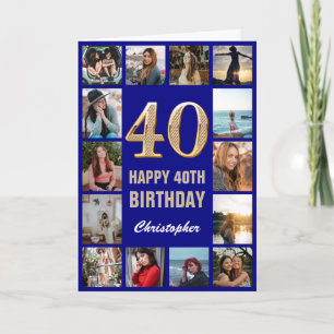 40e Happy Birthday Navy Blue & Gold Photo Collage Kaart