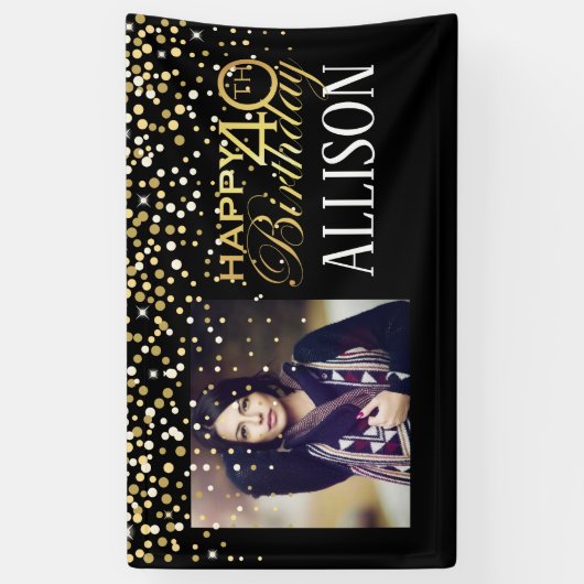 40e Happy Birthday-ontwerp met gouden confetti Spandoek (Verticaal)