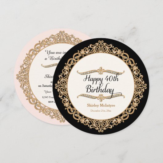 40e Happy Birthday Party Celebration Round Invite Kaart (Voorkant / Achterkant)