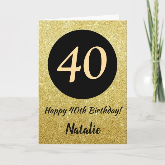 40e Happy Birthday Zwart en Goud Glitter Kaart (Voorkant)
