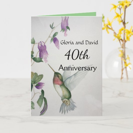 40e Happy Jubileum Sweet Stijlvolle Hummingbird Kaart (Gele Bloem)