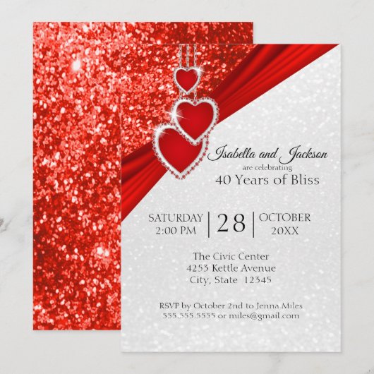 40e, helder rood glitter-Jubileum Kaart (Voorkant / Achterkant)