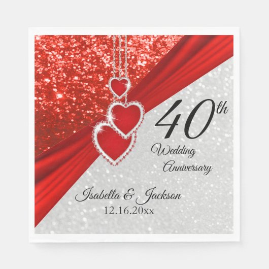 40e Helderrood en Glitter Jubileum / bruiloft Servet (Voorkant)