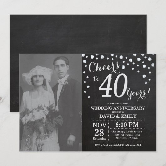 40e huwelijksjubileum krijtbord zwart zilver kaart (Voorkant / Achterkant)