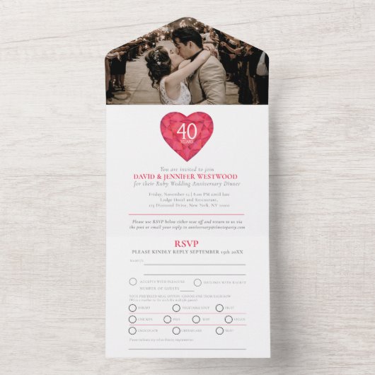 40e huwelijksjubileum robijnen bruiloft rode hart  all in one uitnodiging (Binnen)