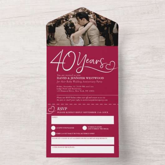 40e huwelijksjubileum robijnen bruiloft rode maalt all in one uitnodiging (Binnen)