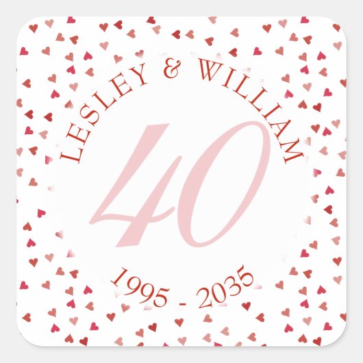 40e huwelijksjubileum Robijnen Harten Confetti Vierkante Sticker (Voorkant)
