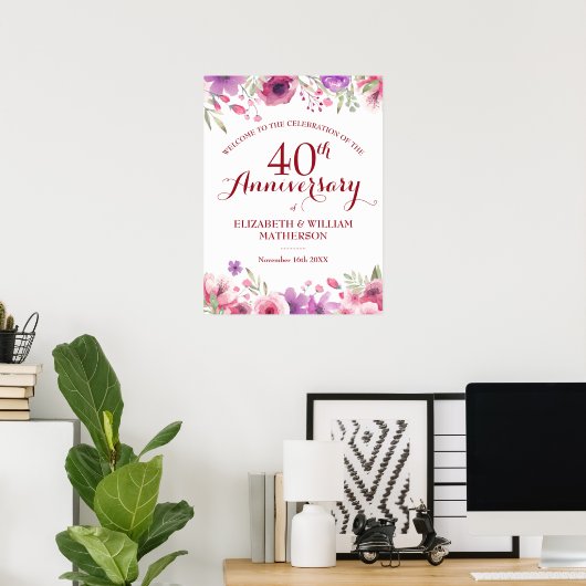40e huwelijksjubileum rozen bloemen welkomstbord poster (Thuiskantoor)
