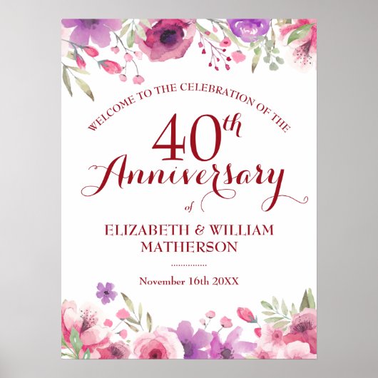 40e huwelijksjubileum rozen bloemen welkomstbord poster (Voorkant)