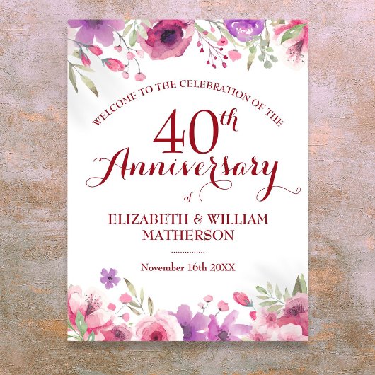 40e huwelijksjubileum rozen bloemen welkomstbord poster