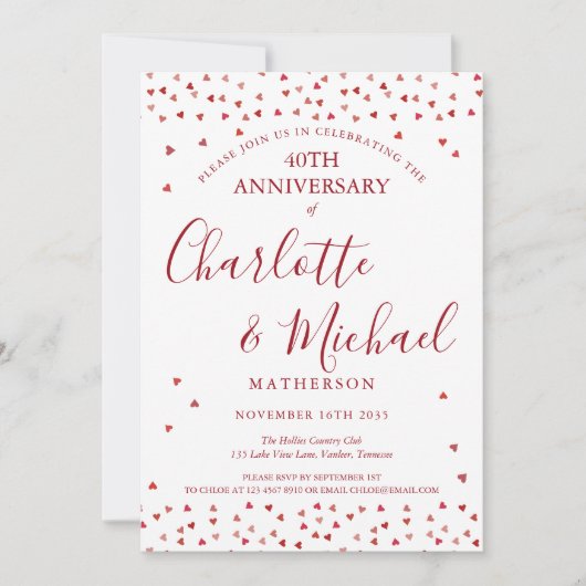 40e huwelijksjubileum Ruby Hearts Script Kaart (Voorkant)