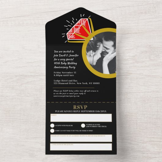 40e huwelijksjubileumfeest robijnrode ring all in one uitnodiging (Binnen)