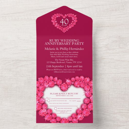 40e huwelijksverjaardag ruby geen envelop hart all in one uitnodiging (Binnen)