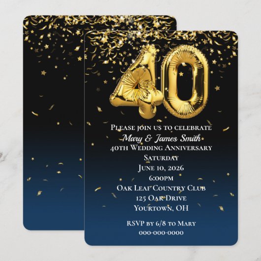 40e Jubileum Gold Balloons Confetti Kaart (Voorkant / Achterkant)