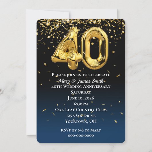 40e Jubileum Gold Balloons Confetti Kaart (Voorkant)