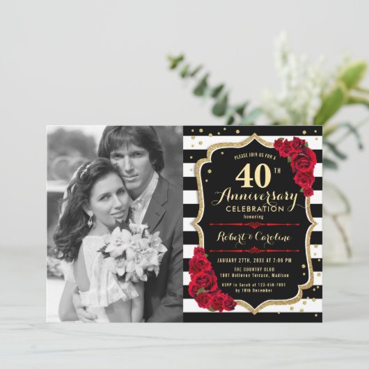 40e Jubileum met foto - Gold Black Red Kaart (Staand voorkant)