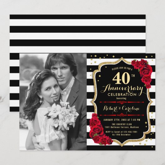 40e Jubileum met foto - Gold Black Red Kaart (Voorkant / Achterkant)