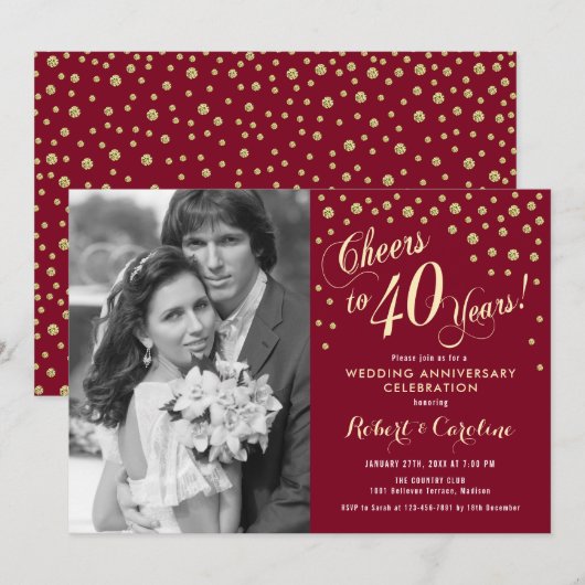 40e Jubileum met foto - Gold Ruby Red Kaart (Voorkant / Achterkant)