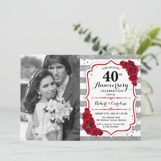 40e Jubileum met foto - Ruby Red Silver Kaart (Staand voorkant)