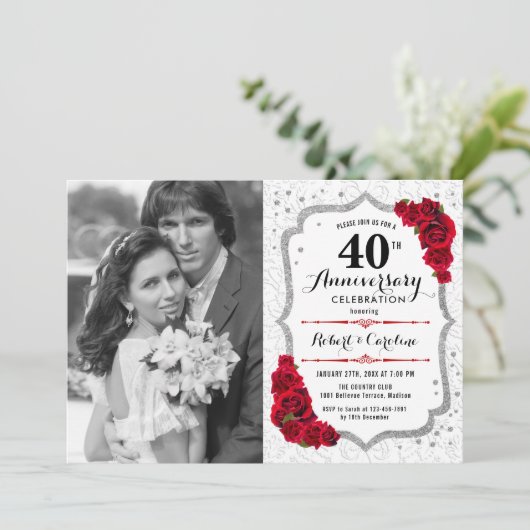 40e Jubileum met foto - Ruby Red Silver Kaart (Staand voorkant)