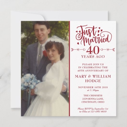 40e Jubileum net getrouwd bruiloft fotoplein Kaart (Voorkant)