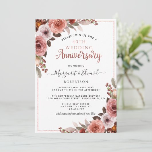 40e Jubileum Red Ruby, Roos Gold Blush Floral Kaart (Staand voorkant)