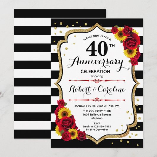 40e Jubileum - Rode rozen Zonnebloemen Kaart (Voorkant / Achterkant)