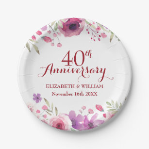 40e Jubileum Rozen van het Ruby Wedding Floral Papieren Bordje