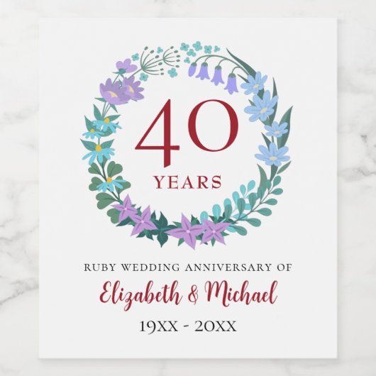 40e Jubileum Ruby Bluebells Floral Wreath Wijn Etiket (Enkel label)