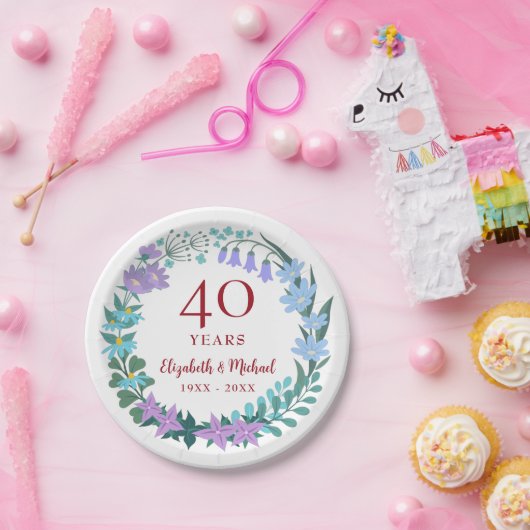 40e Jubileum Ruby Floral Bluebells Wreath Papieren Bordje (Feest)