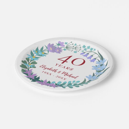 40e Jubileum Ruby Floral Bluebells Wreath Papieren Bordje (Gekanteld)